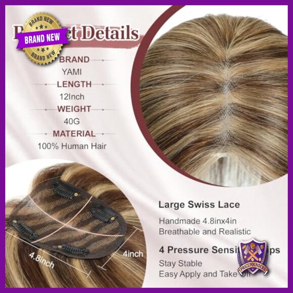 12 Inch Human Hair Topper For Thinning Hair, Swiss Lace Base main image 6